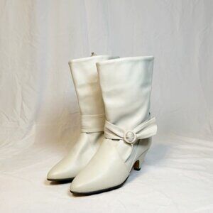 Vintage Retro 80s Ivory Leather Mid Calf Pull On Boots w/Bow~6~